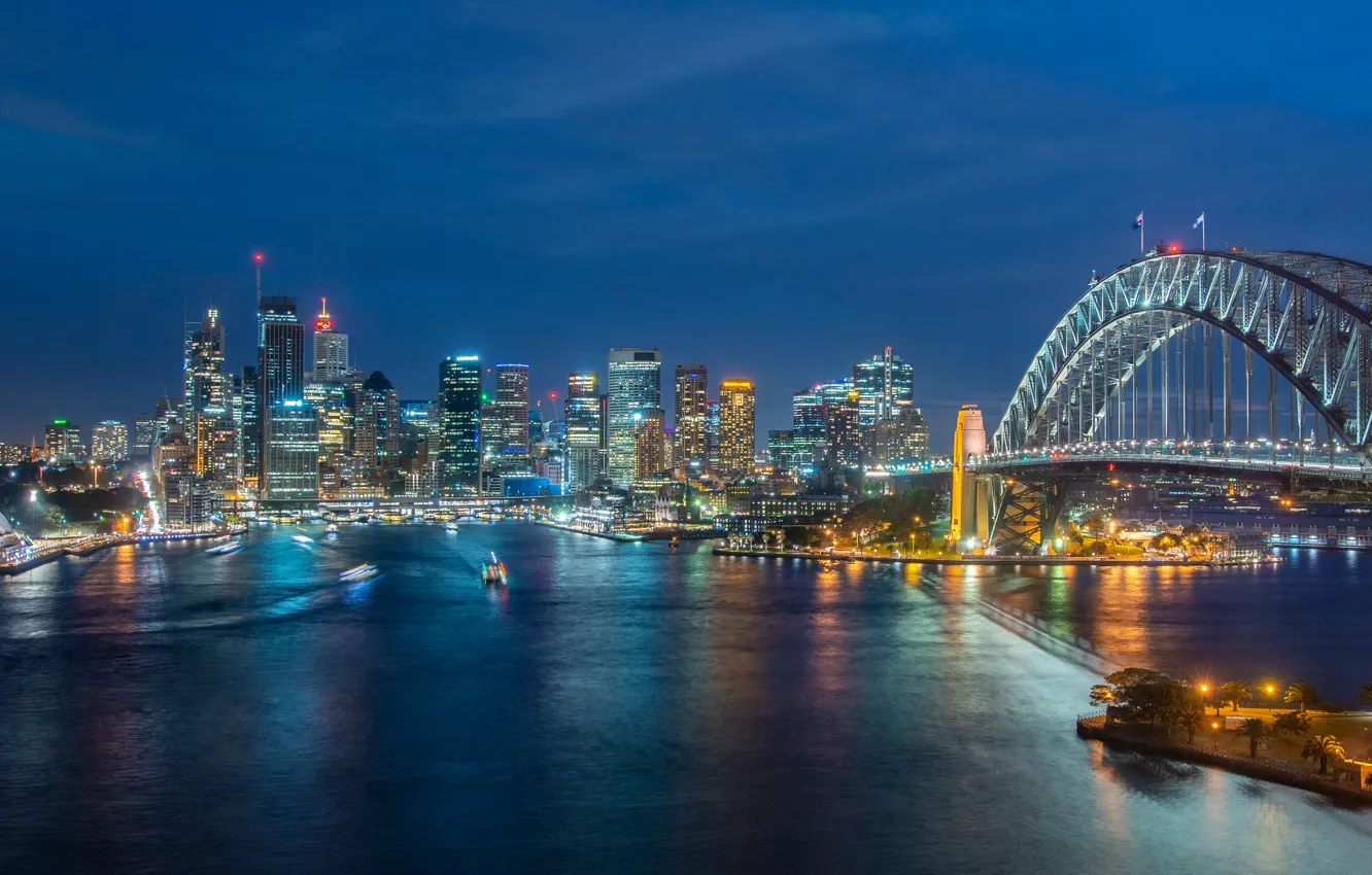Фото обои мост, здания, дома, Австралия, панорама, залив, Сидней, ночной город