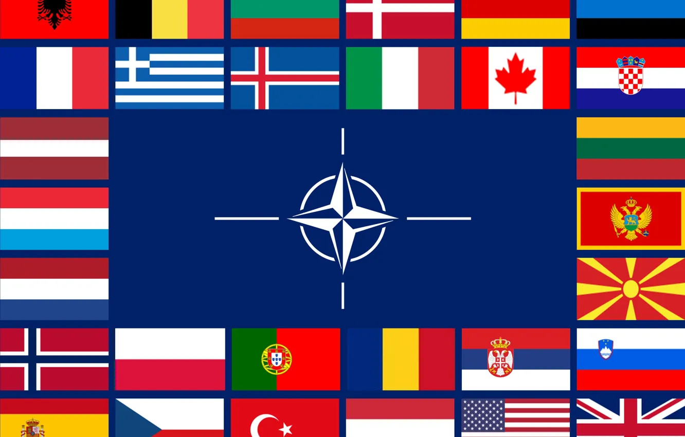 Фото обои Флаги, NATO, НАТО, Страна, Северная Македония / 2020, Португалия / 1949, Турция / 1952, Исландия …