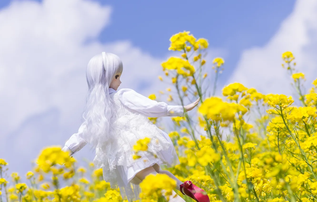Фото обои небо, цветы, игрушка, кукла, блондинка