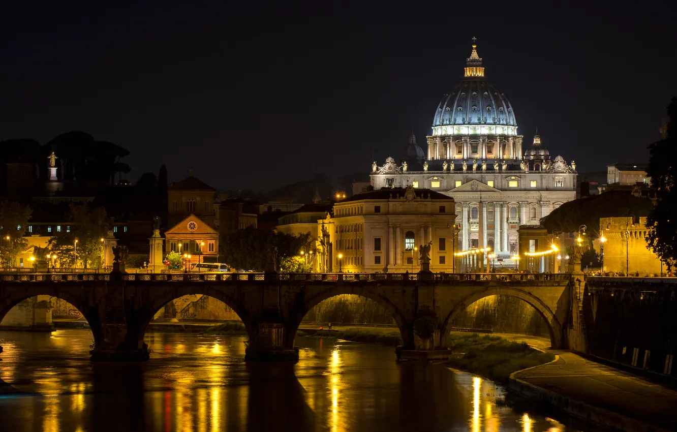 Фото обои ночь, мост, огни, река, Рим, Италия, Ватикан, Собор Святого Петра