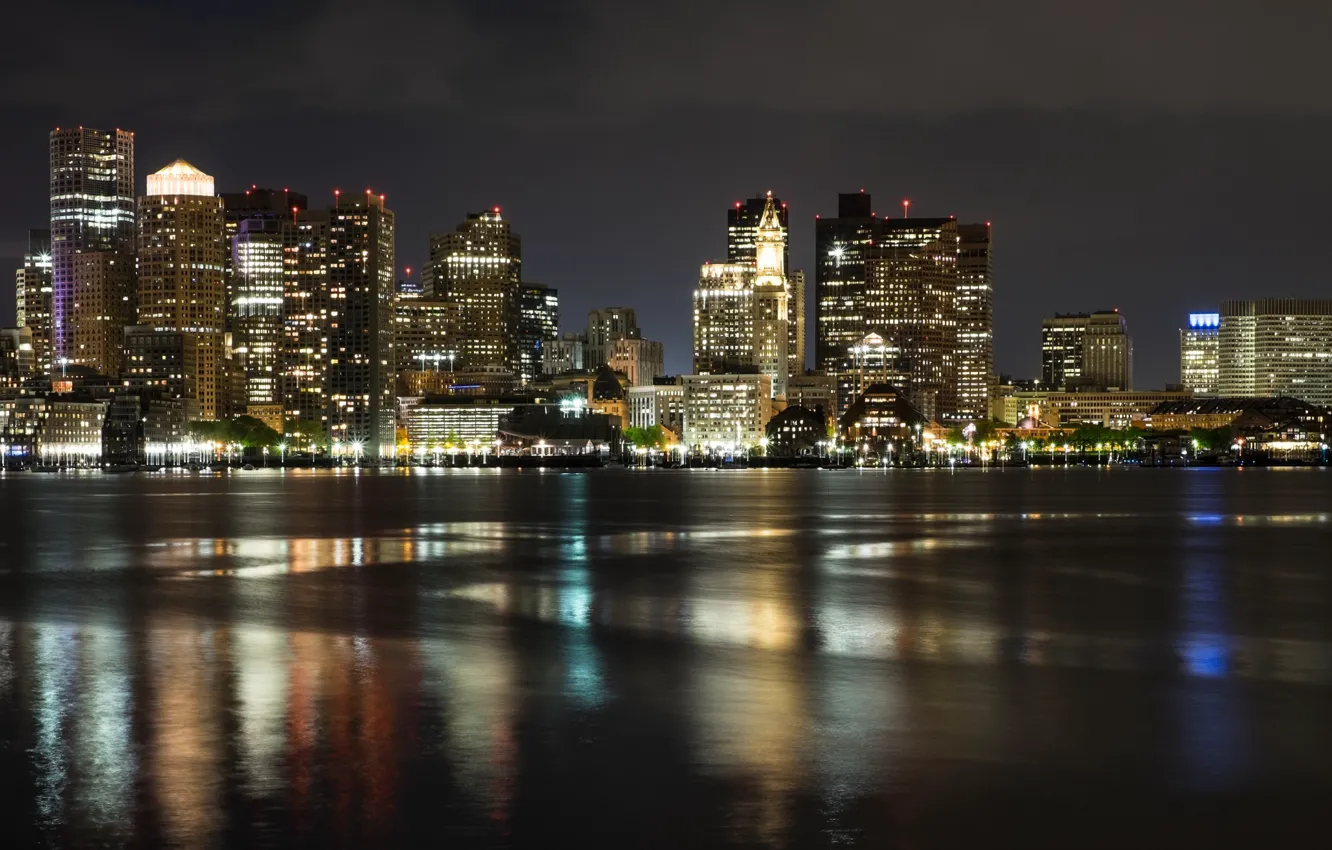 Фото обои город, река, ночные огни, Бостон ночью