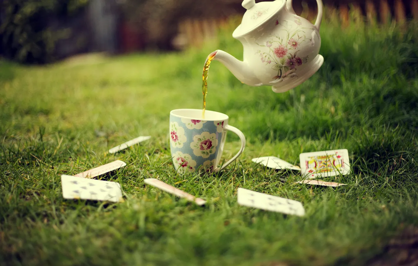 Фото обои зелень, карты, трава, газон, чай, чайник, чашка