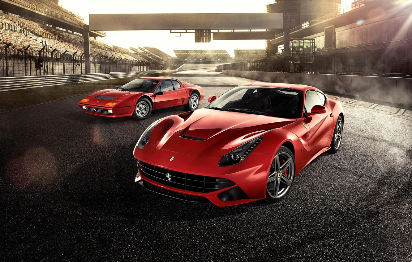 Фото обои Ferrari, Red, Front, Sun, Supercars, Berlinetta, F12, Track