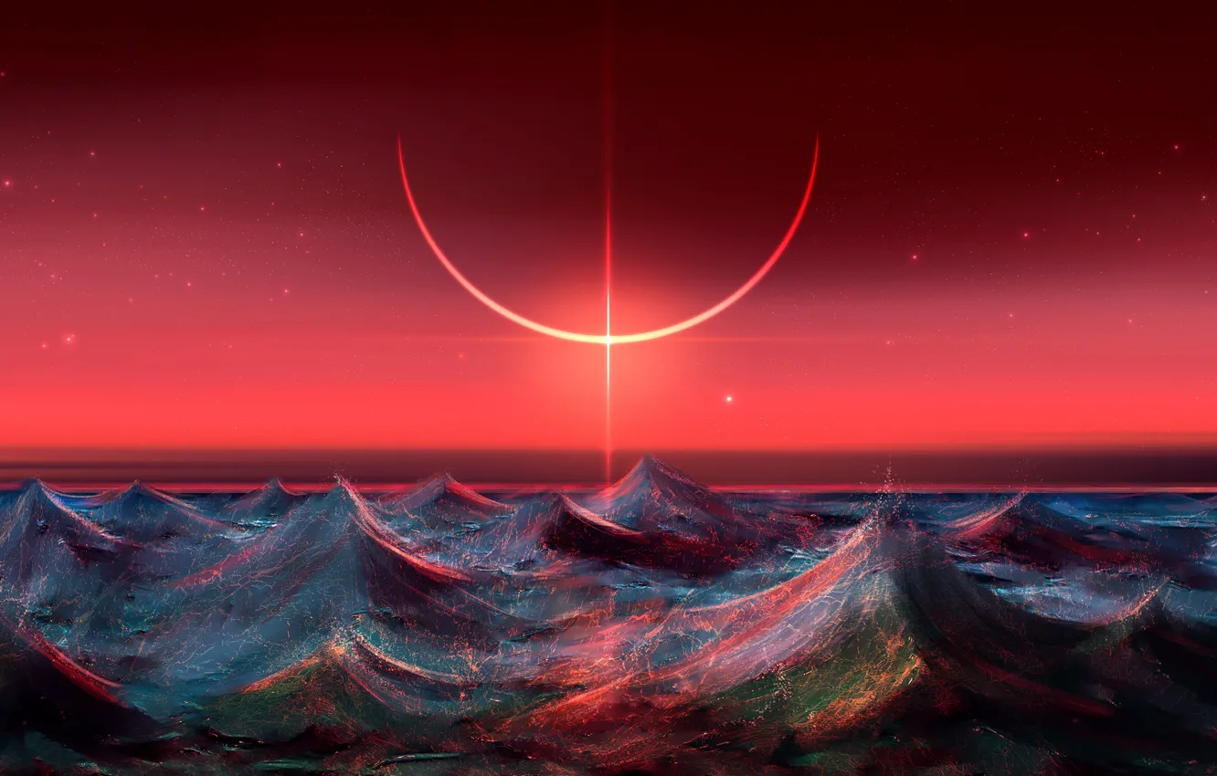 Фото обои Солнце, Небо, Океан, Рисунок, Волны, Луна, Затмение, Moon