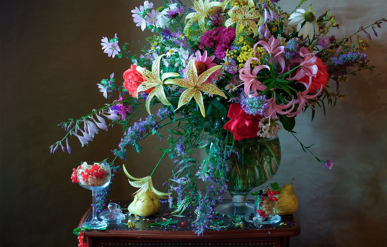 Фото обои цветы, стиль, ягоды, букет, натюрморт, груши, смородина, Мила Миронова
