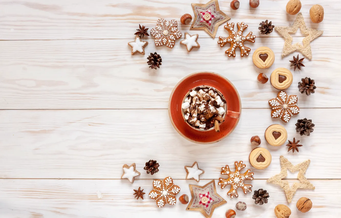 Фото обои узор, рождество, печенье, композиция, горячий шоколад, зефир, пряники, Ellygri