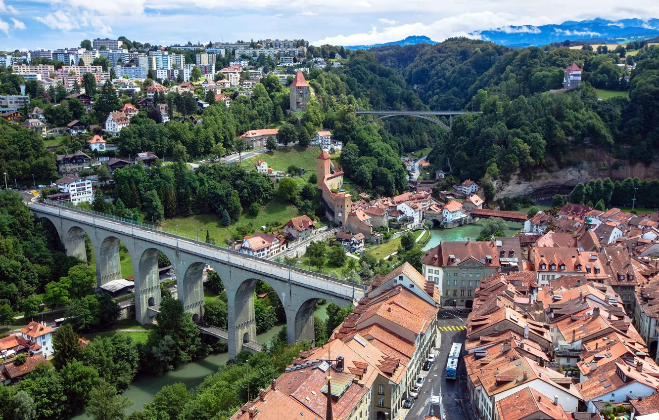 Фото обои деревья, мост, река, дома, Швейцария, крыши, Switzerland, Bridge