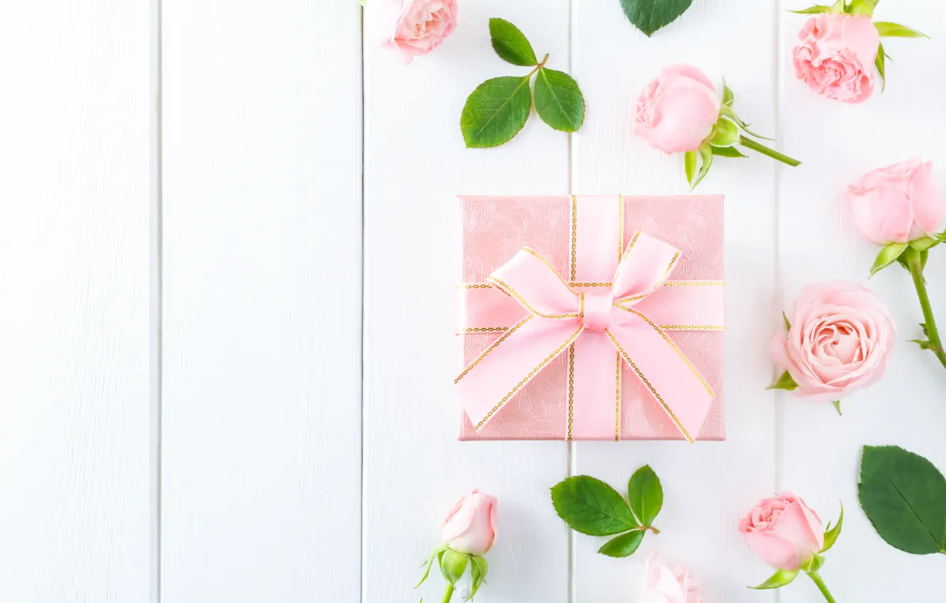 Фото обои белый, фон, подарок, розовые, бутоны, wood, роз