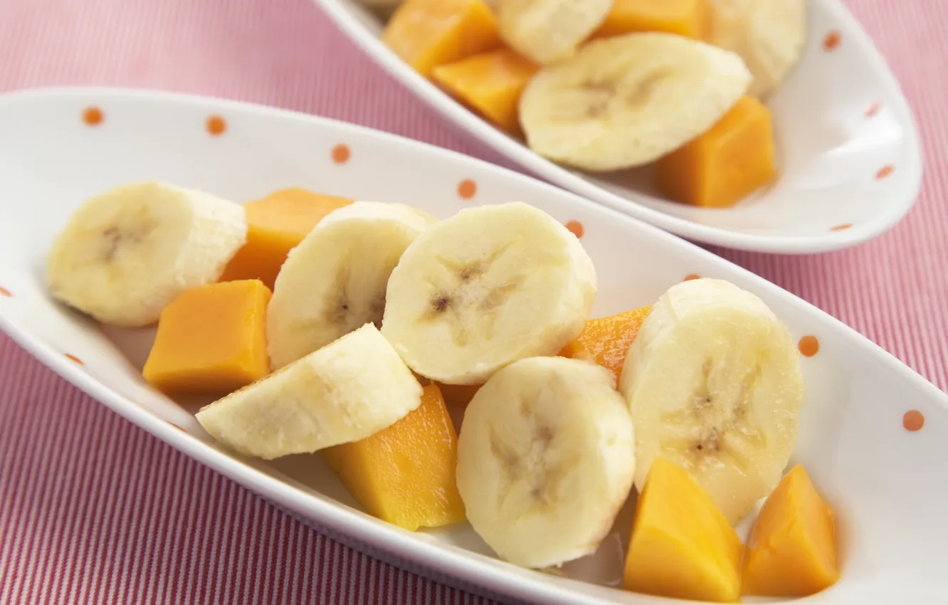 Фото обои бананы, кусочки, фрукты, ломтики, дольки, папайя