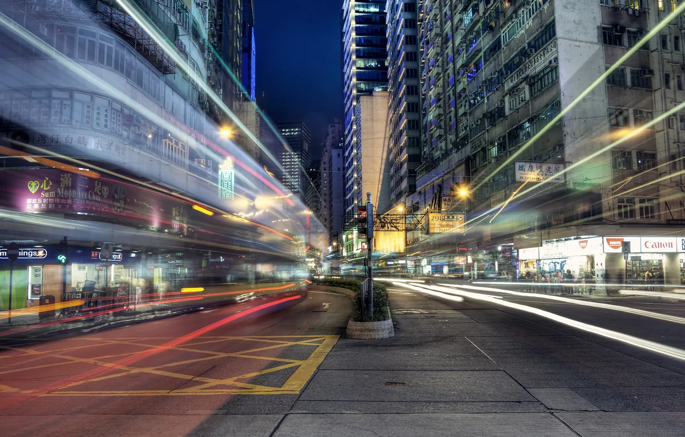 Фото обои город, огни, выдержка, нити, Hong Kong, Wan Chai