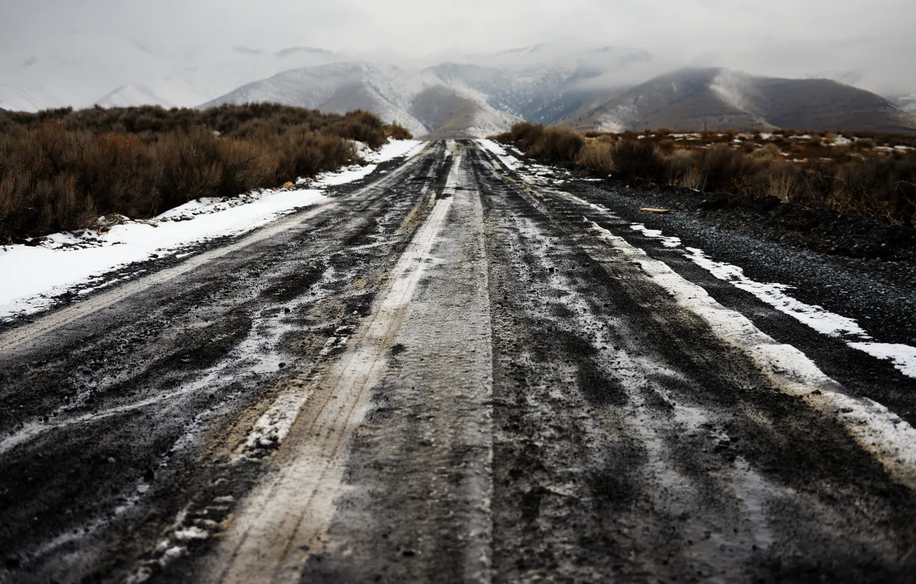 Фото обои дорога, горы, туман