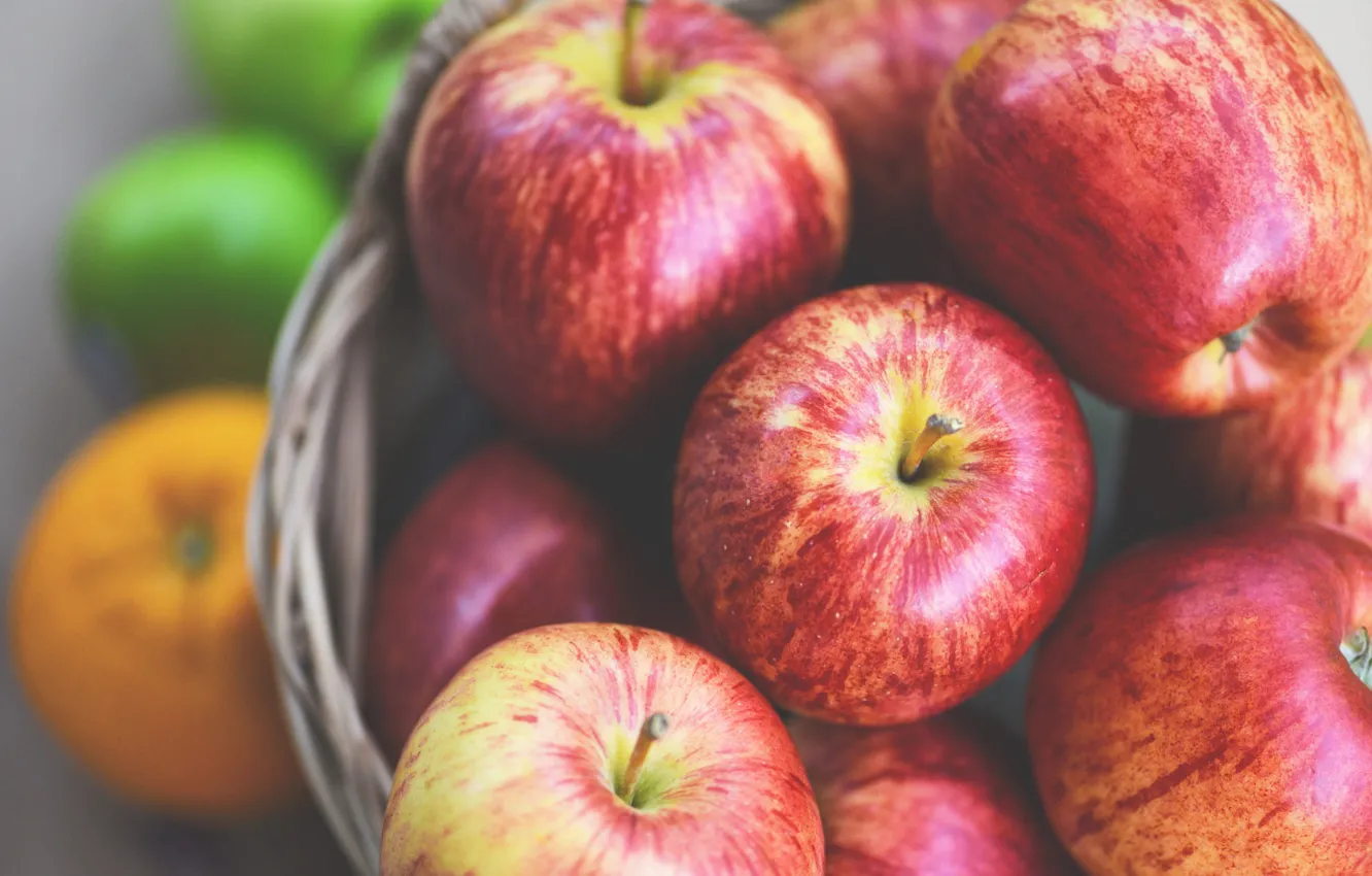 Фото обои красный, яблоки, еда, урожай, фрукты, корзинка, много, сочная