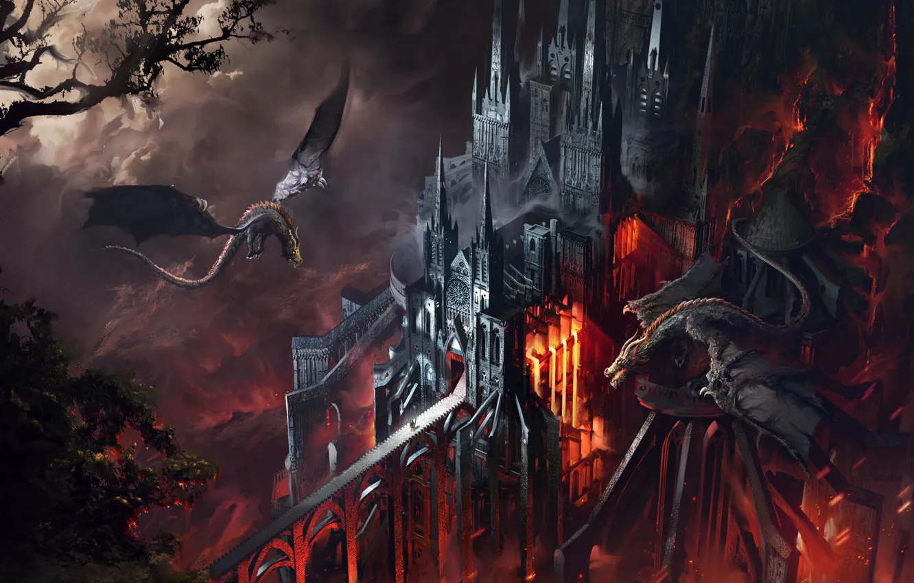 Фото обои Дракон, Собор, Огонь, Замок, Пламя, Fantasy, Dragon, Fire
