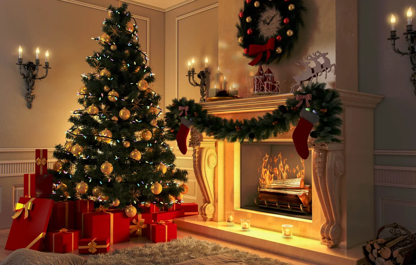 Фото обои украшения, игрушки, елка, Новый Год, Рождество, камин, Christmas, design