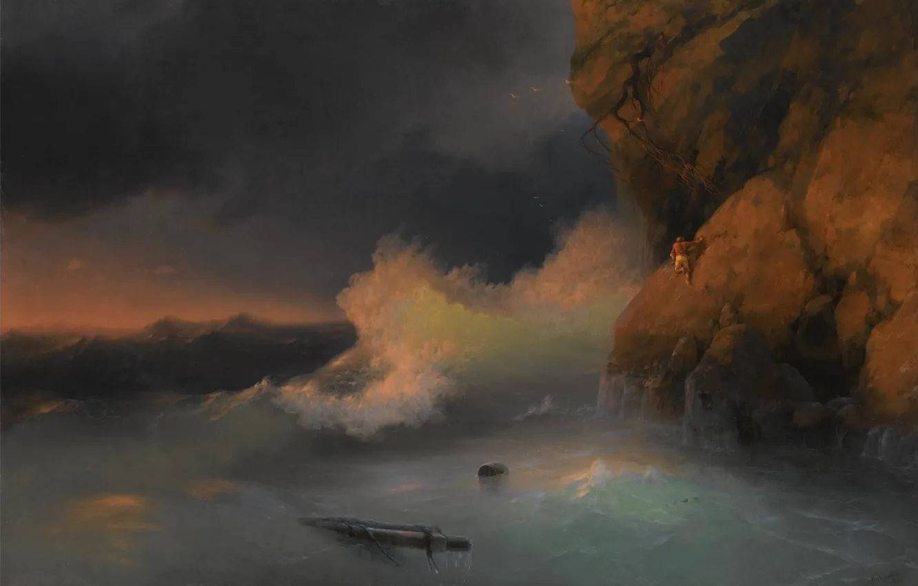 Фото обои море, скалы, буря, картина, Иван Айвазовский, 1884, Спасшийся