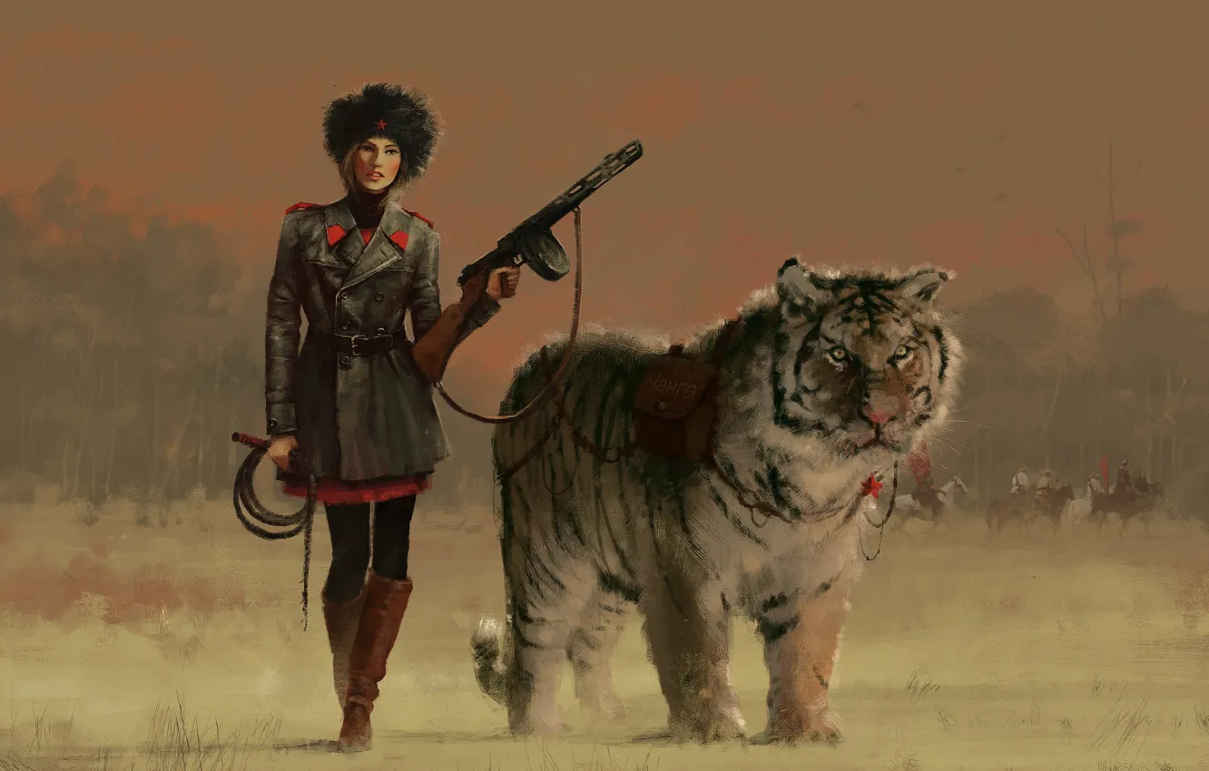 Фото обои девушка, тигр, оружие, животное, арт, форма, живопись