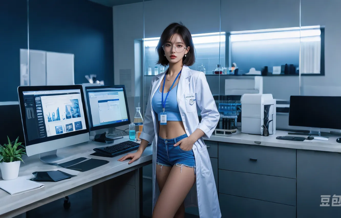 Фото обои girl, asian, laboratory, ai art, laboratory assistant