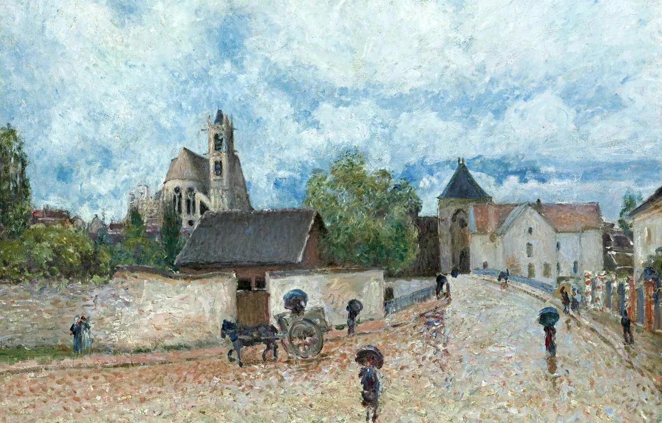 Фото обои дом, улица, картина, повозка, городской пейзаж, Alfred Sisley, Альфред Сислей, Moret-sur-Loing. The Rain