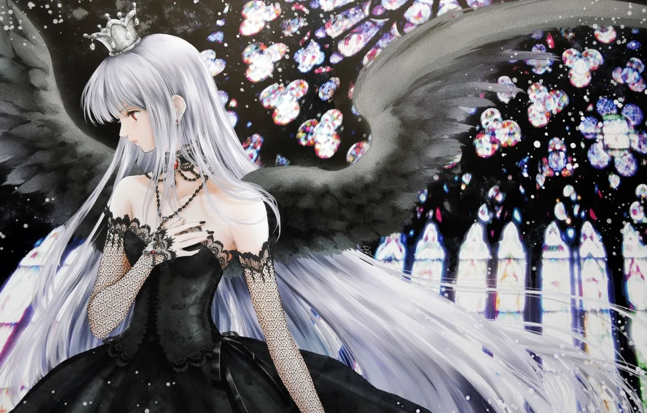 Фото обои black, dress, wings, cross, crown, angel