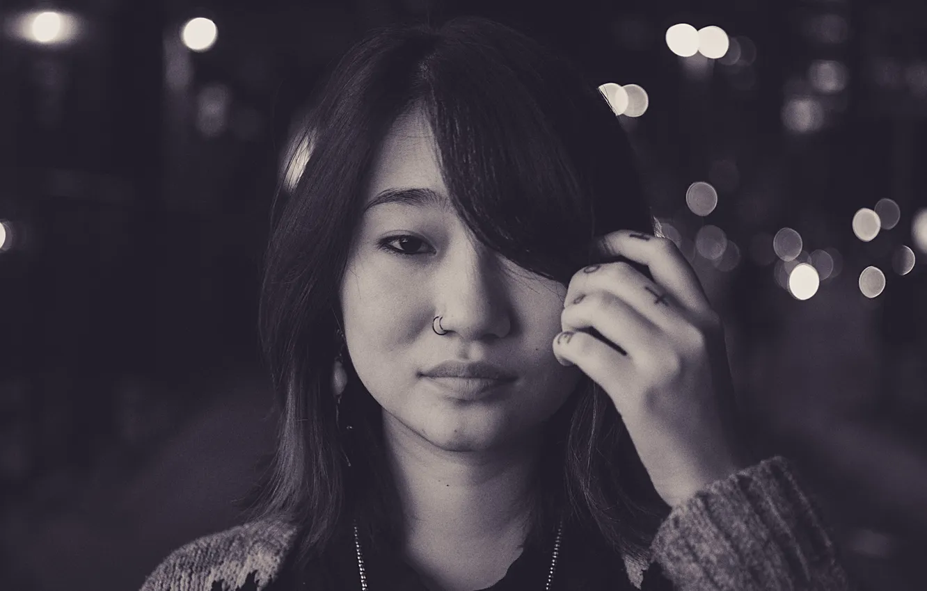 Фото обои пирсинг, тату, азиатка, монохром