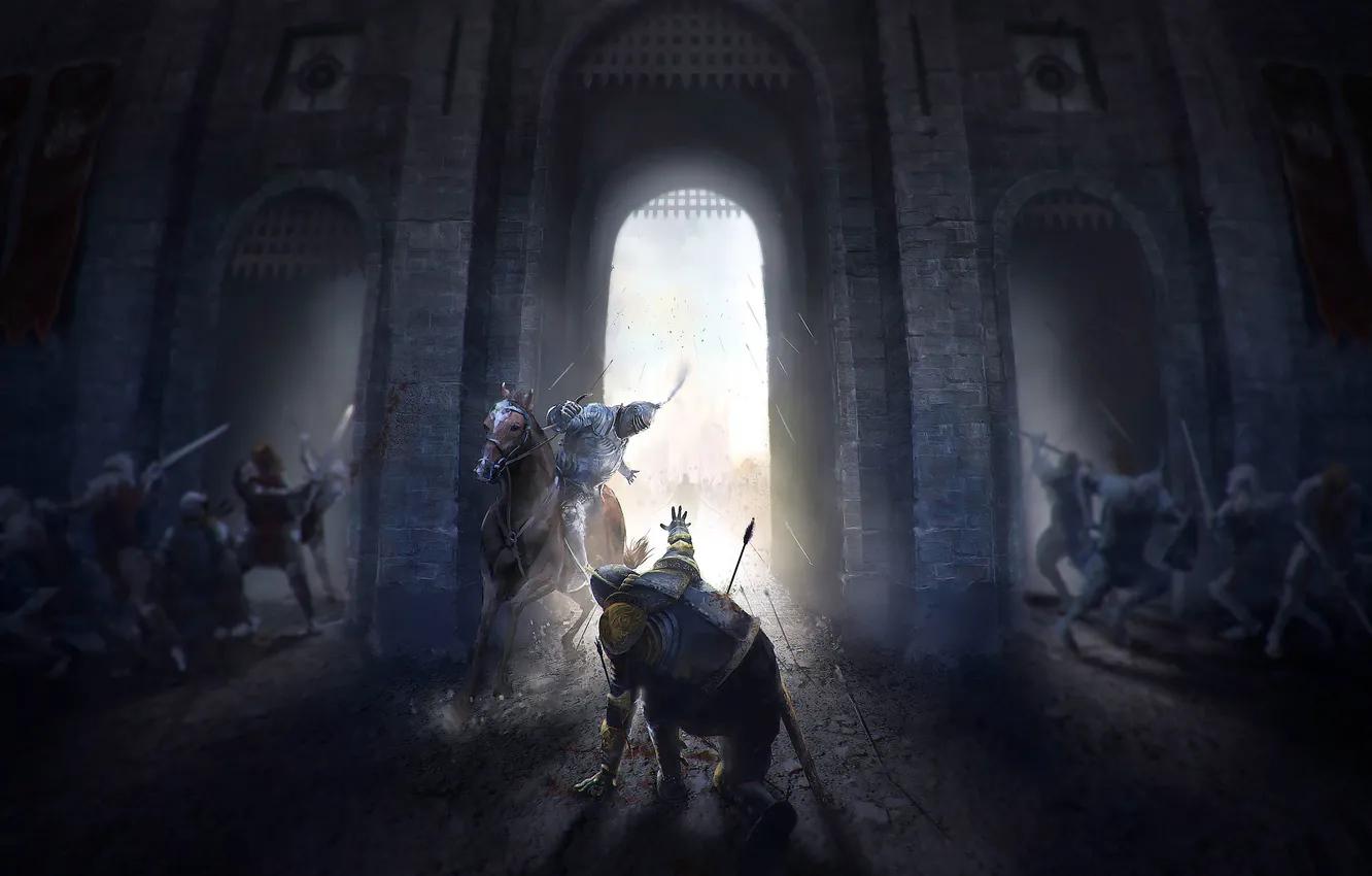 Фото обои замок, конь, арт, всадник, битва, сражение, рыцарь, стрелы