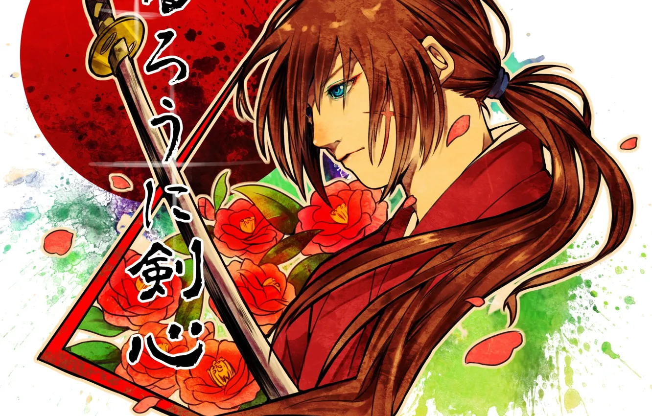 Фото обои Japan, rose, flower, anime, katana, ken, blade, samurai