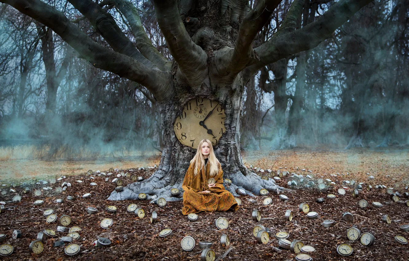 Фото обои девушка, дерево, часы, ситуация, плед