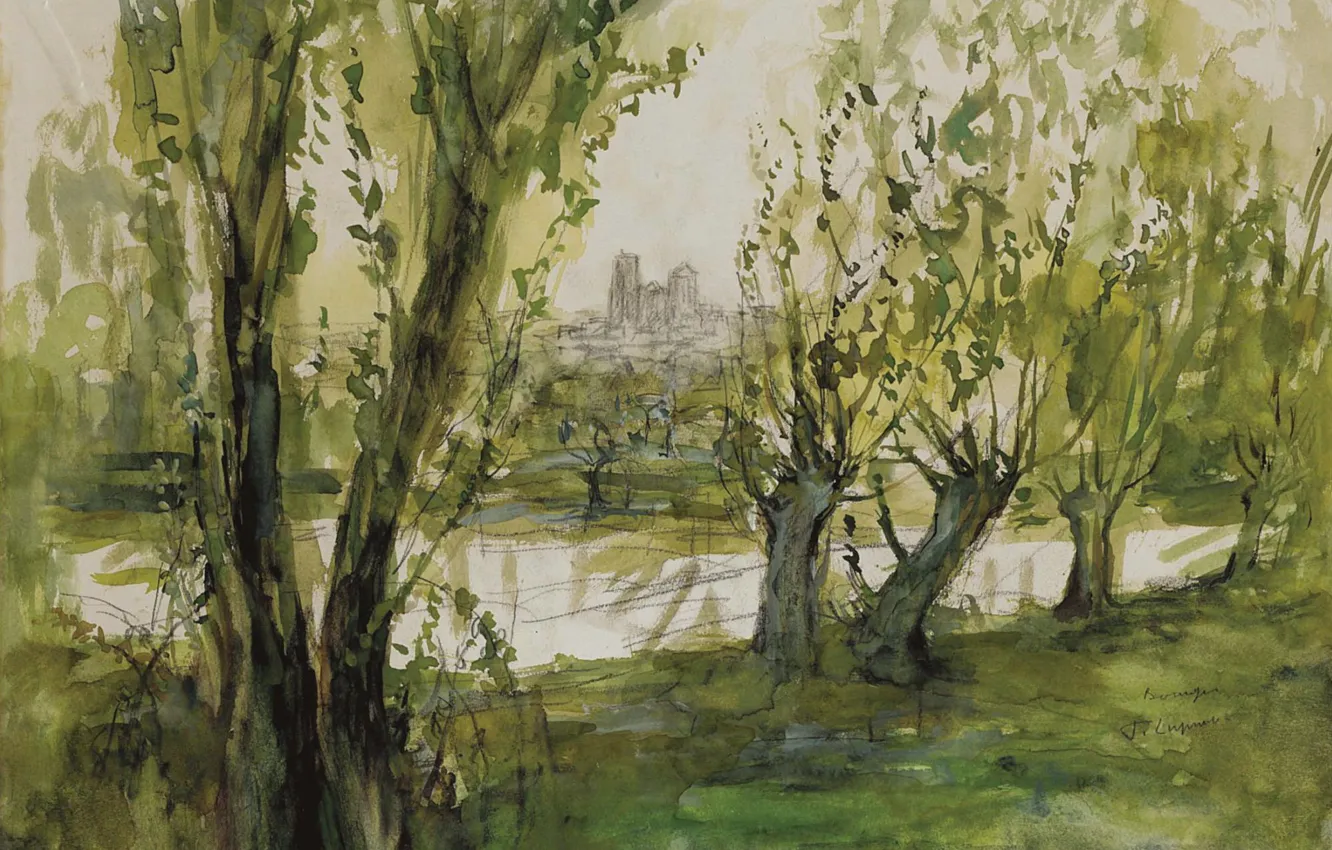 Фото обои пейзаж, рисунок, акварель, Вид на Бурж, Пьер Лапрад, Pierre Laprade