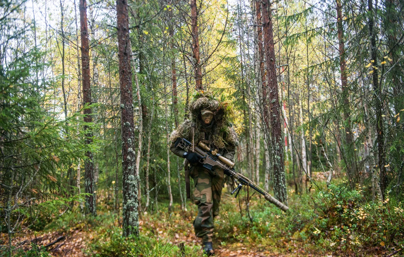 Фото обои лес, снайпер, винтовка
