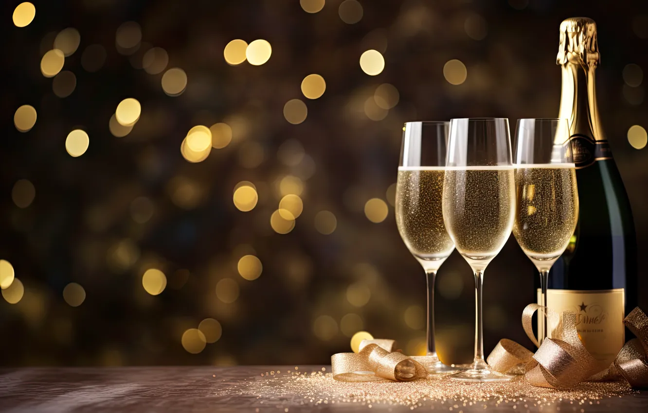 Фото обои украшения, золото, шары, Новый Год, бокалы, golden, new year, шампанское