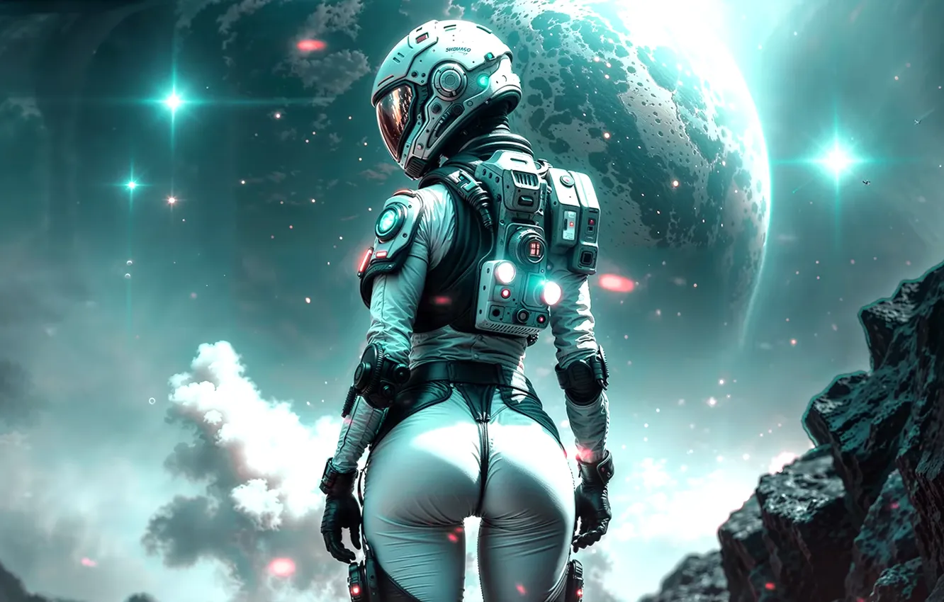 Фото обои space, ass, science fiction, women, planet, astronaut, spacesuit, AI art