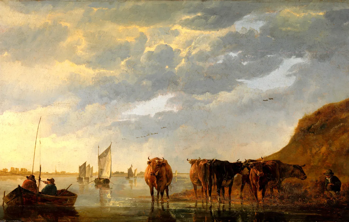 Фото обои небо, пейзаж, река, люди, лодка, картина, парус, Пастух с пятью коровами на реке