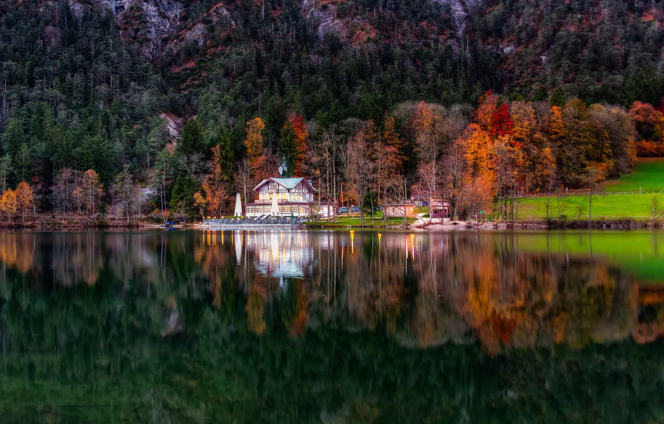 Фото обои осень, отражение, Бавария, дом у озера