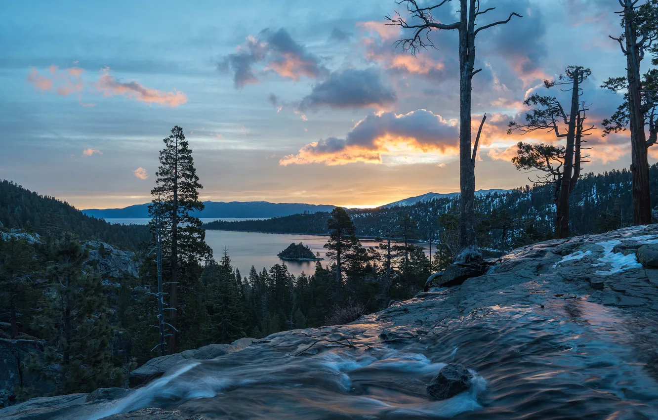 Фото обои озеро, водопад, Калифорния, панорама, California, Lake Tahoe, озеро Тахо, водопады Игл