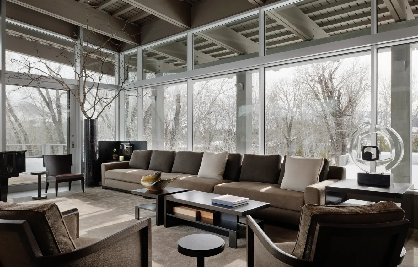 Фото обои дизайн, стиль, комната, интерьер, гостиная, River House, contemporary concrete residence, Речной дом