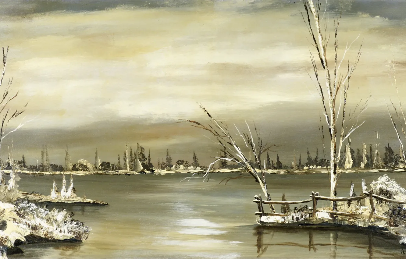 Фото обои зима, деревья, пейзаж, река, масло, холст, Овчи́нников Влади́мир Ива́нович