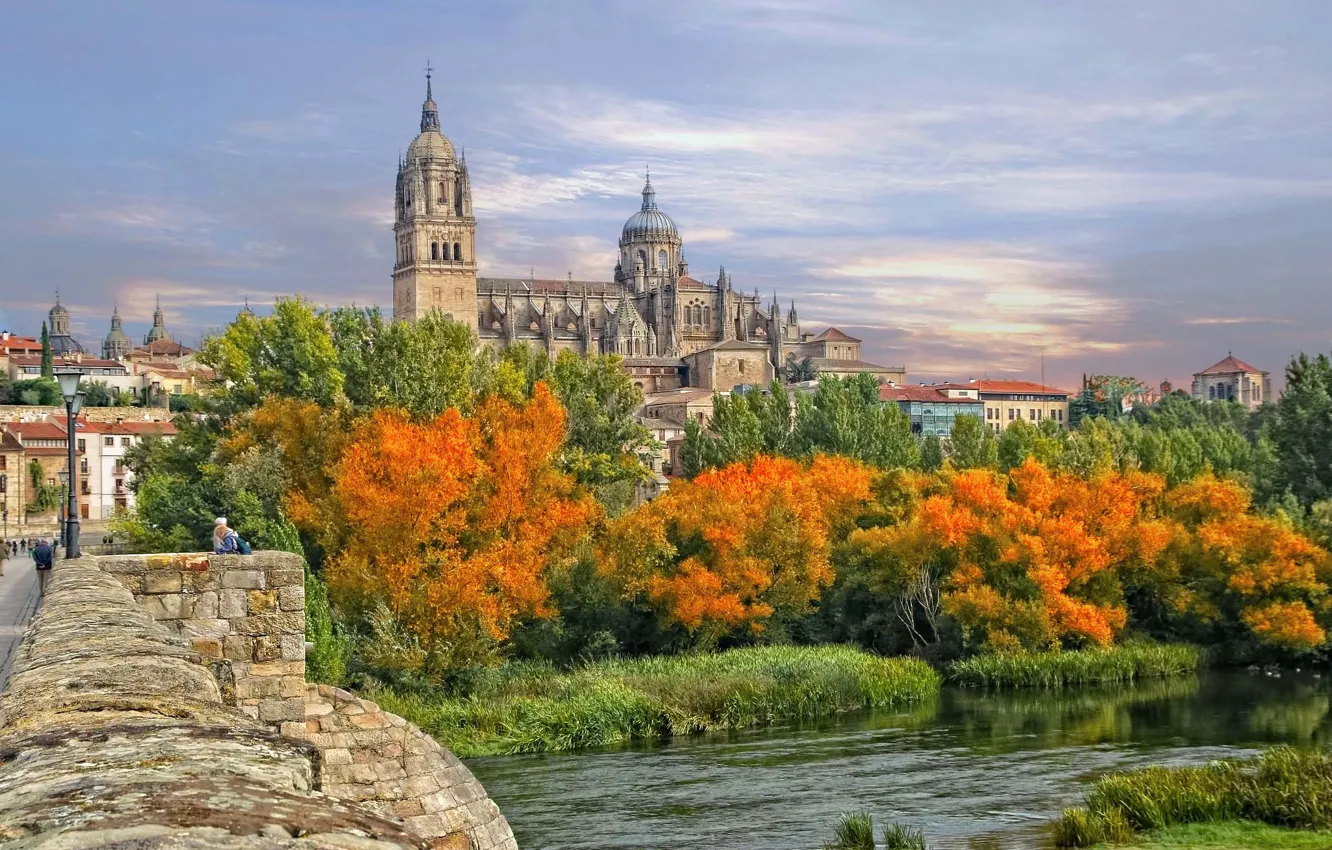 Фото обои осень, деревья, мост, река, собор, Испания, парапет, Spain