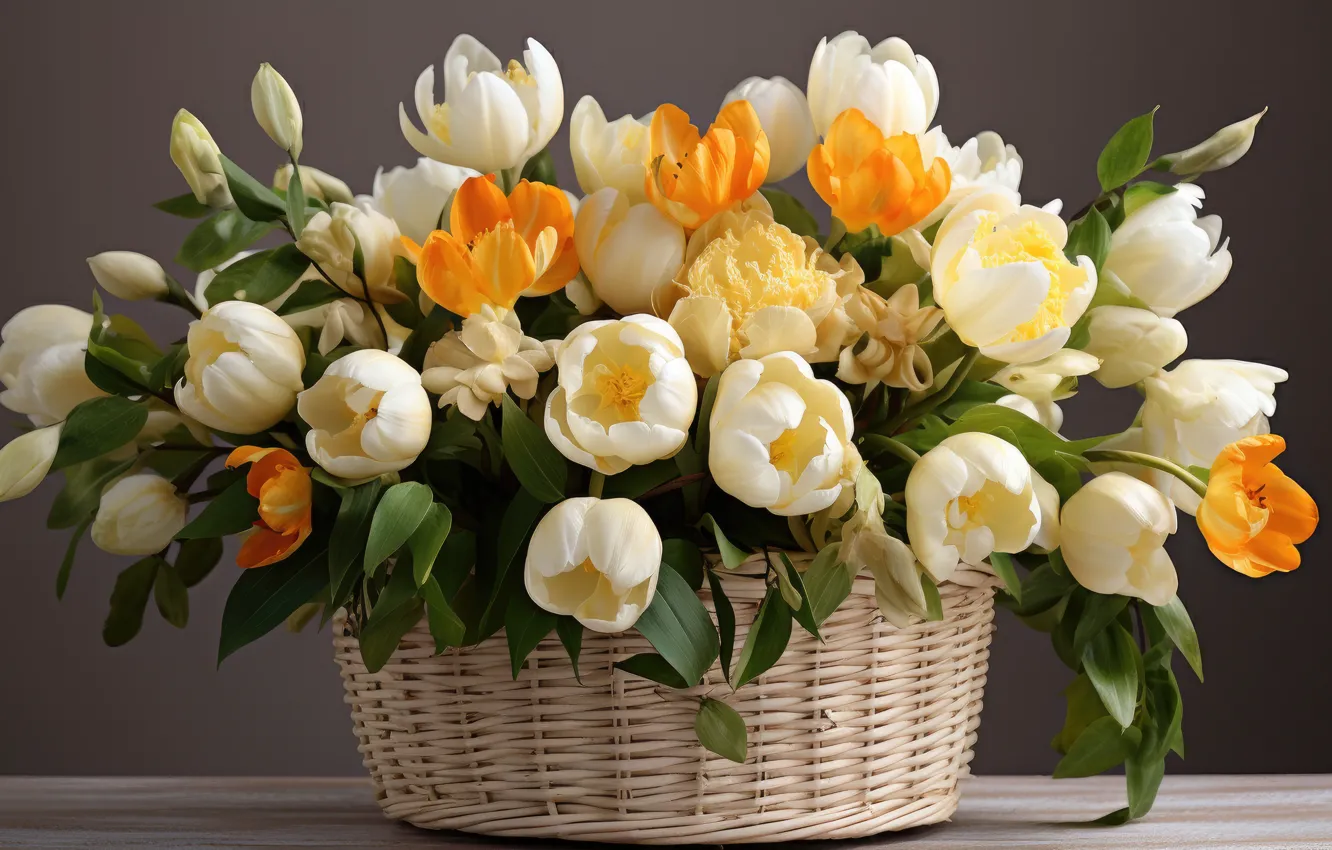 Фото обои листья, цветы, букет, весна, тюльпаны, белые, серый фон, оранжевые