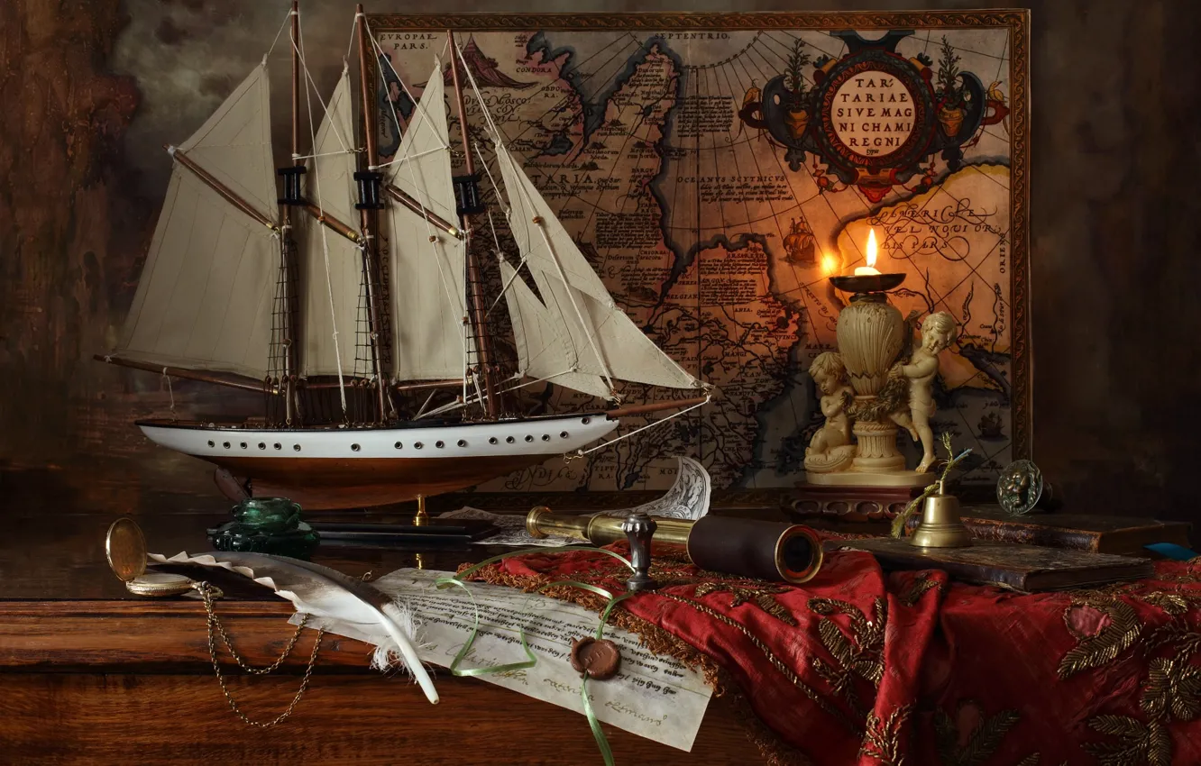 Фото обои перо, модель, корабль, карта, свеча, труба, still life, сургуч