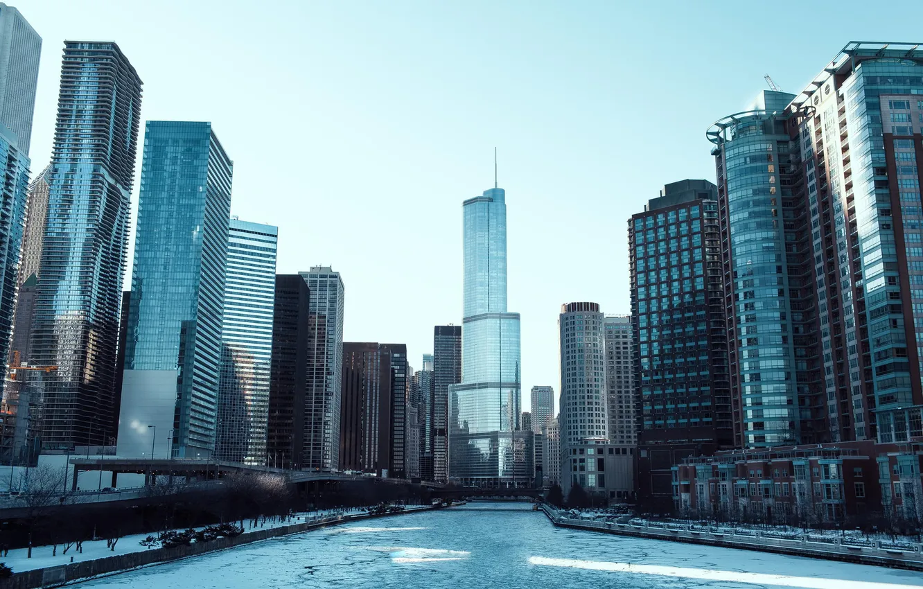 Фото обои зима, река, лёд, небоскребы, Чикаго, USA, Chicago, мегаполис