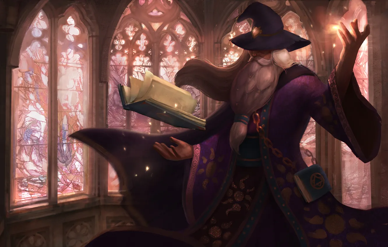 Фото обои магия, шляпа, книга, борода, волшебник, мерлин