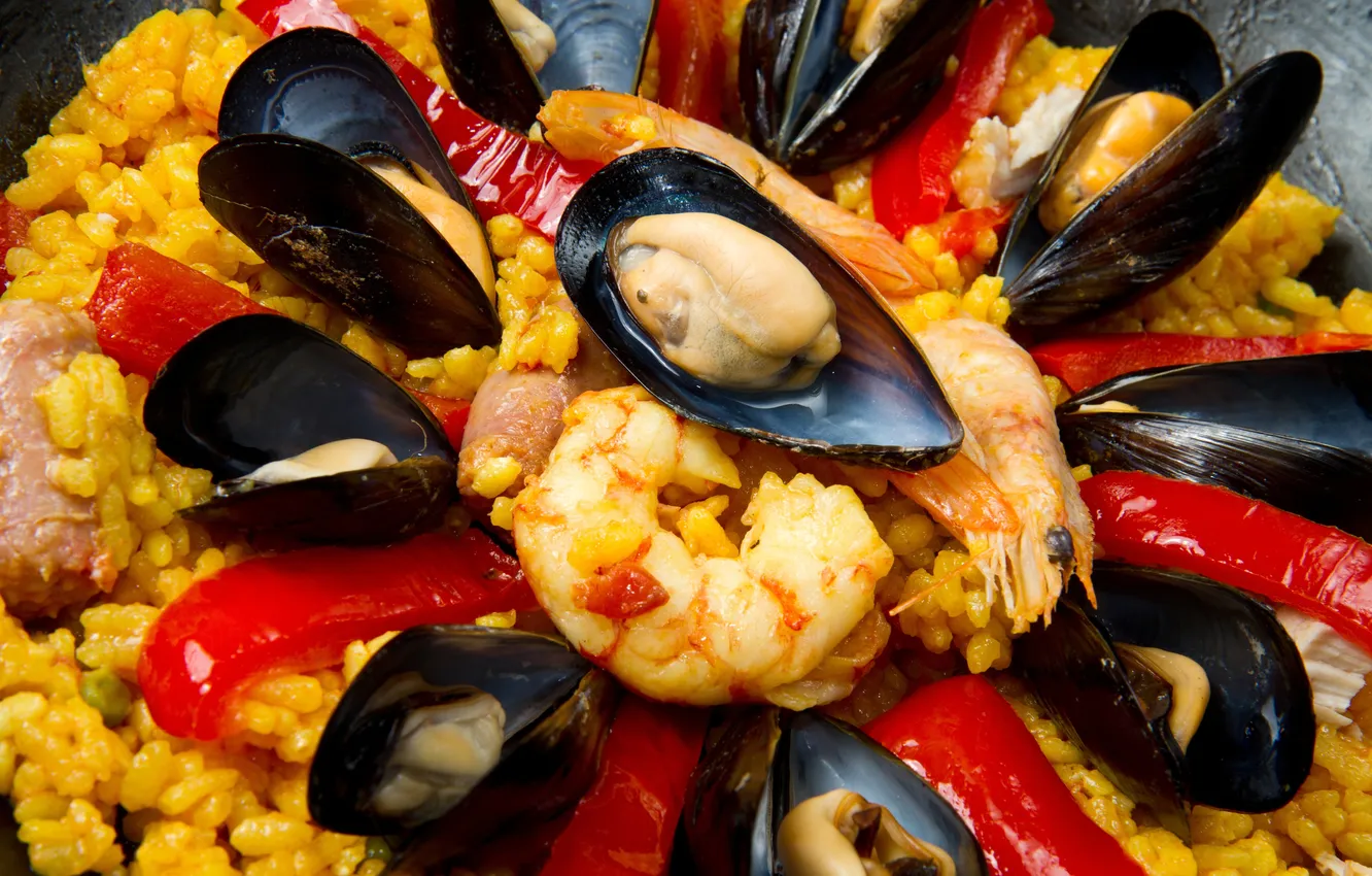 Фото обои перец, креветки, морепродукты, мидии