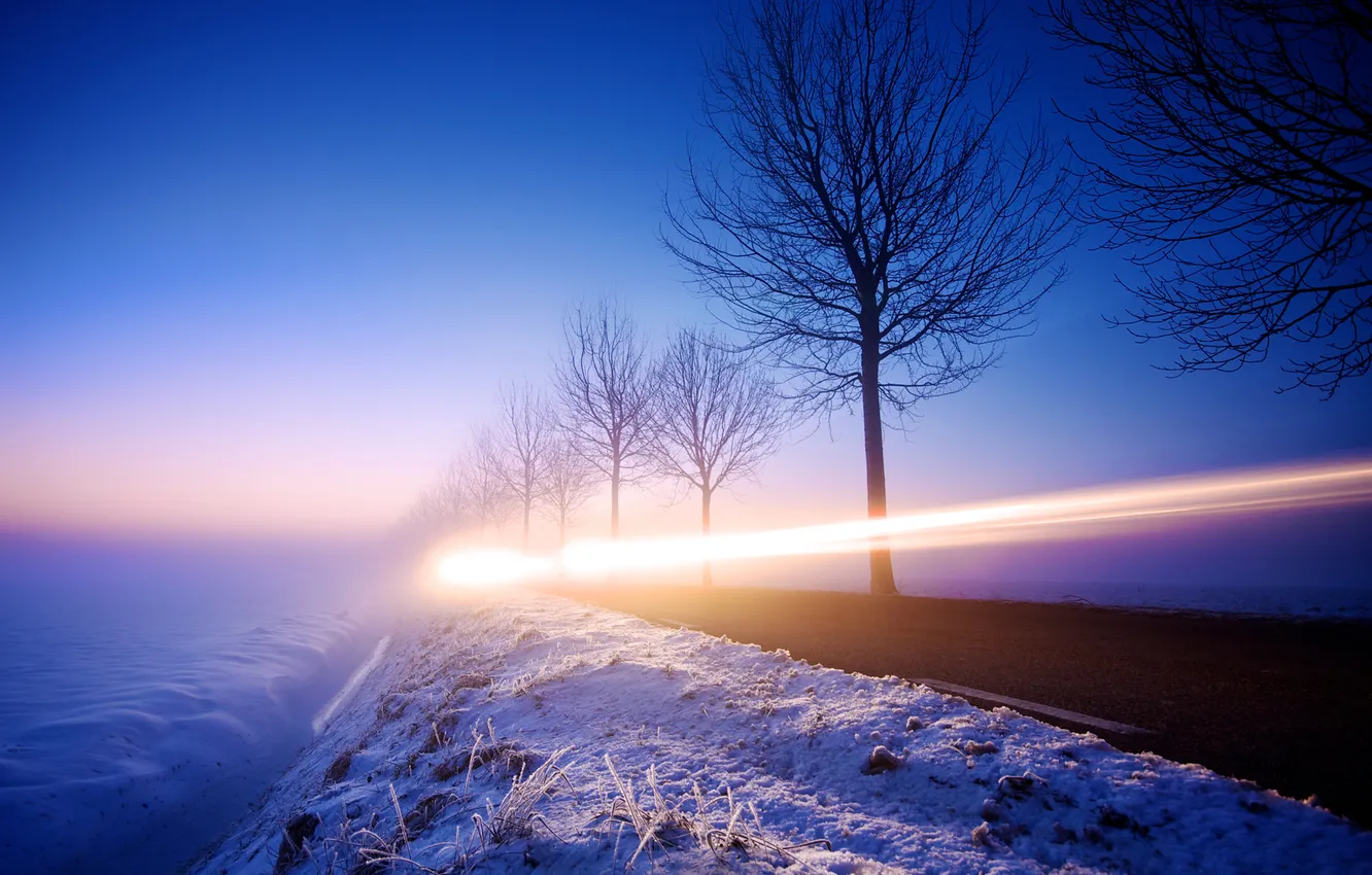 Фото обои зима, дорога, свет, снег, ночь, вечер, выдержка, Нидерланды