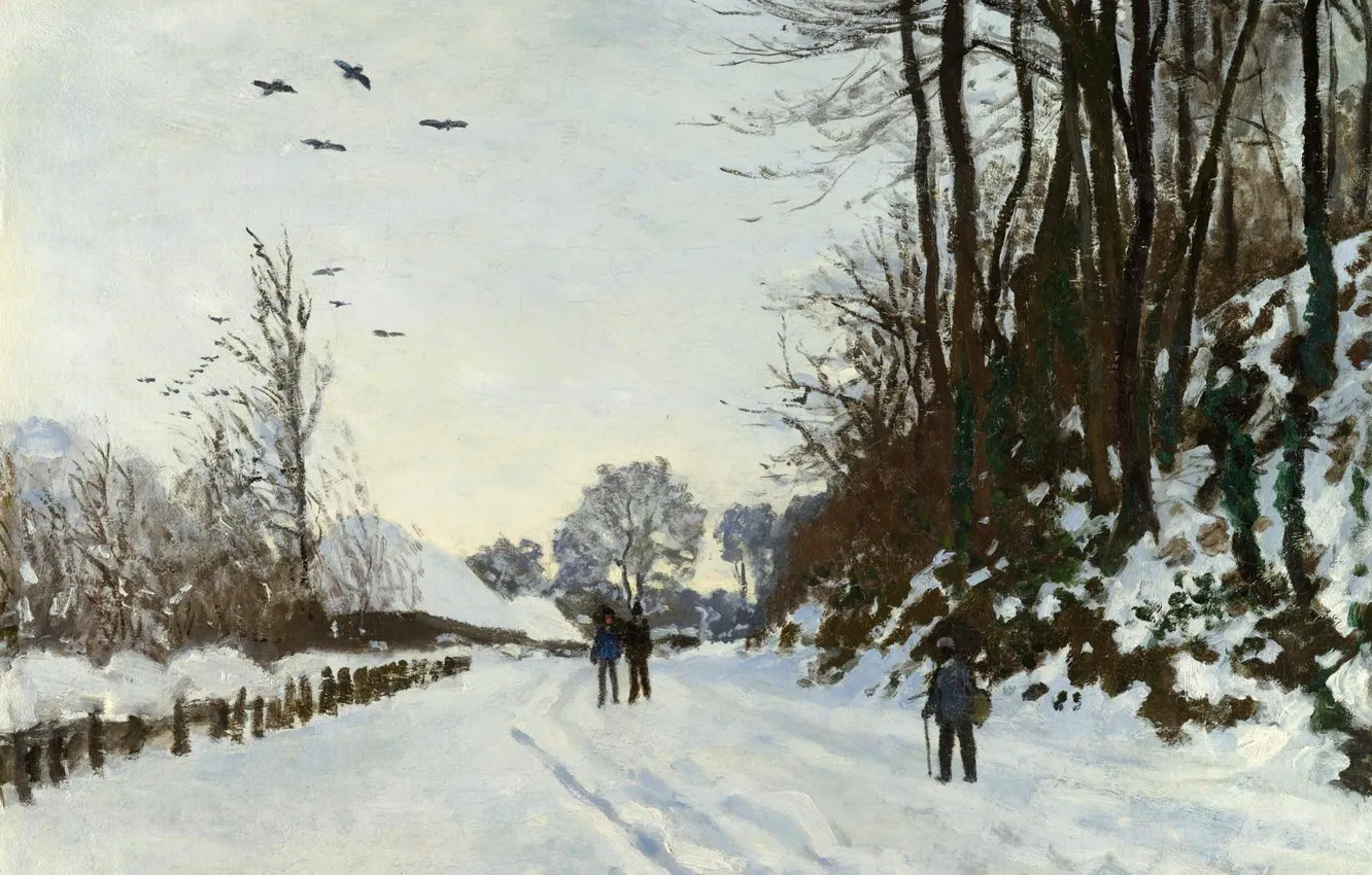 Фото обои снег, пейзаж, картина, Claude Monet, Клод Моне, Дорога на Ферму Сен-Симон Зимой