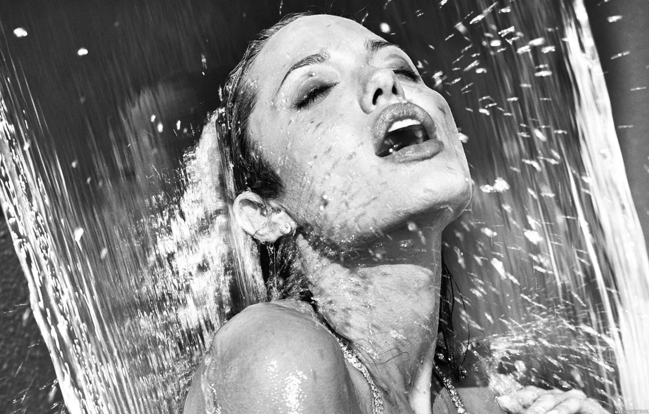 Фото обои вода, черно-белая, Анджелина Джоли, Angelina Jolie, Душ