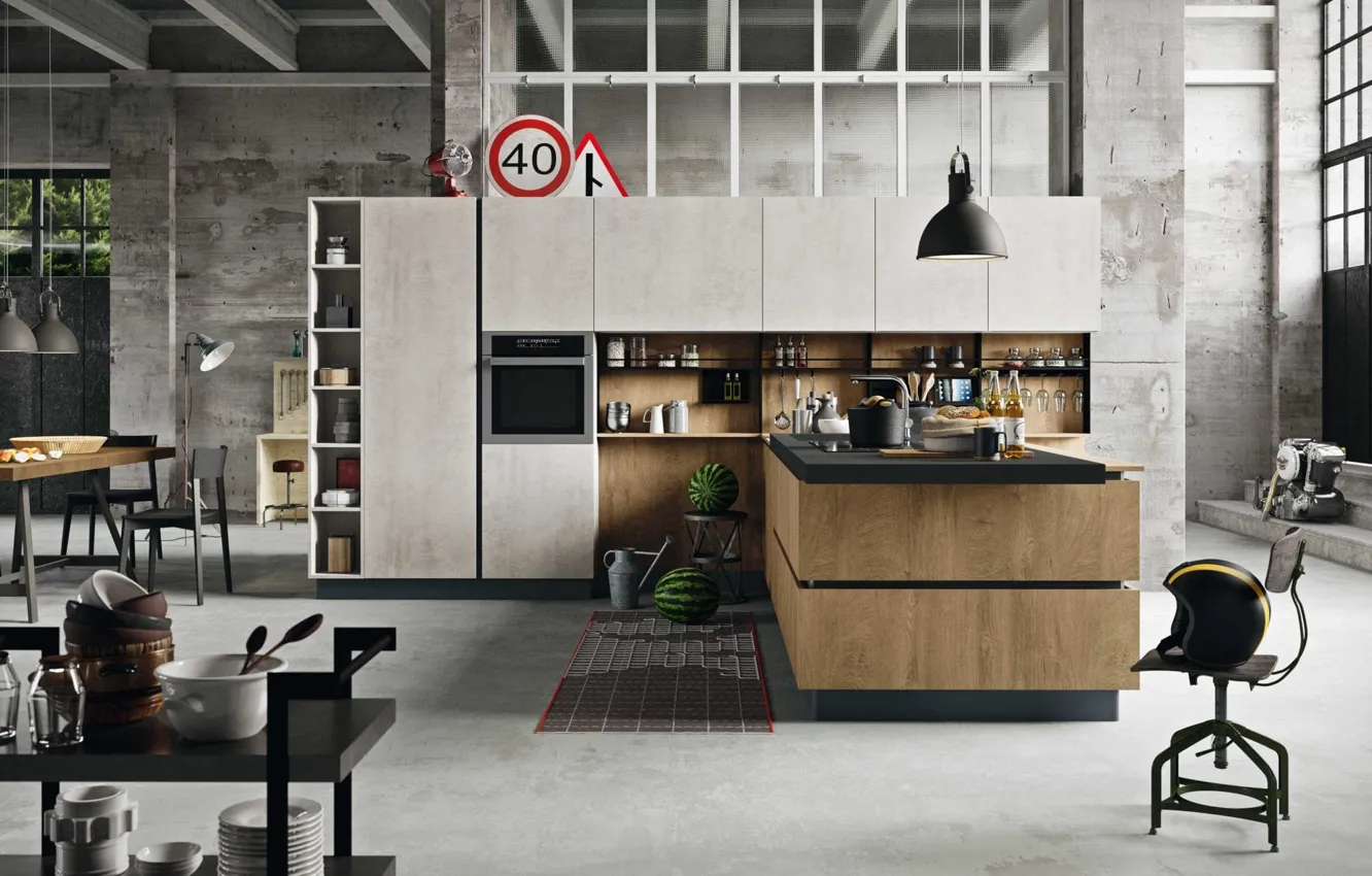 Фото обои дизайн, стиль, интерьер, кухня, столовая, industrial loft