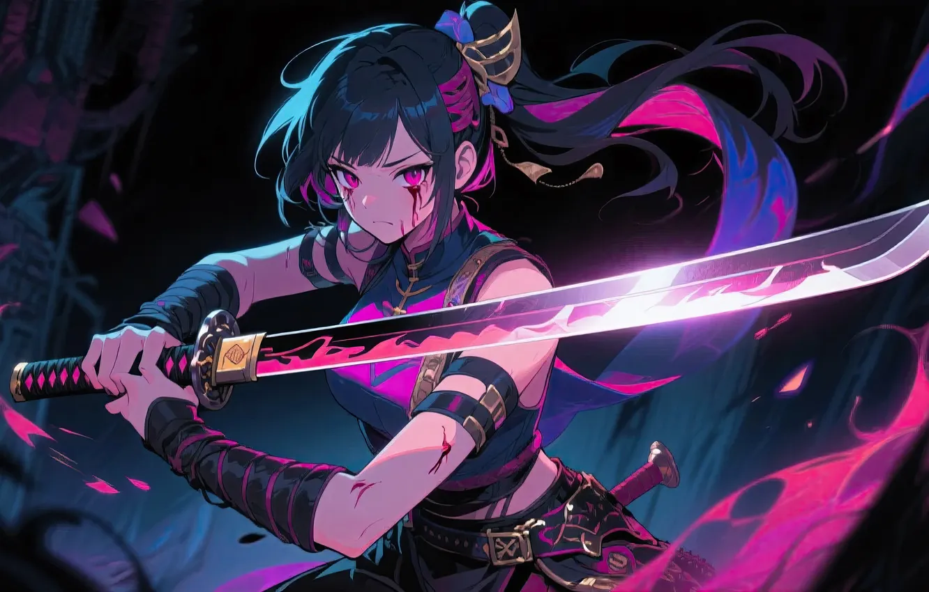 Фото обои blue, pink, katana, samurai, warrior, glowing, neon