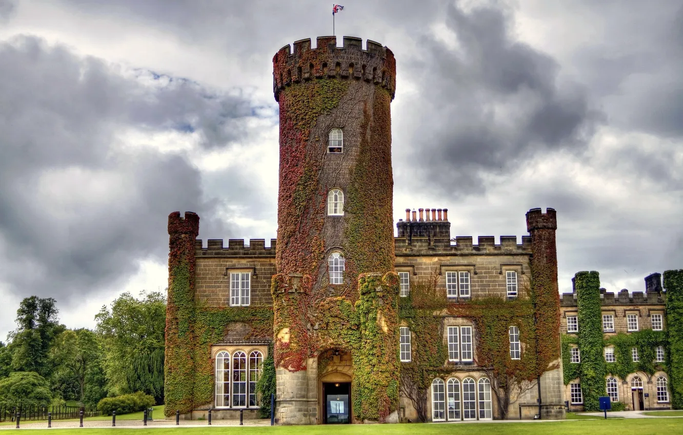 Фото обои замок, Англия, башня, каменный, England, плющ, Замок Суинтон