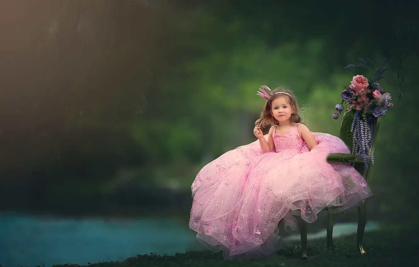 Фото обои цветы, кресло, корона, платье, девочка, маленькая принцесса