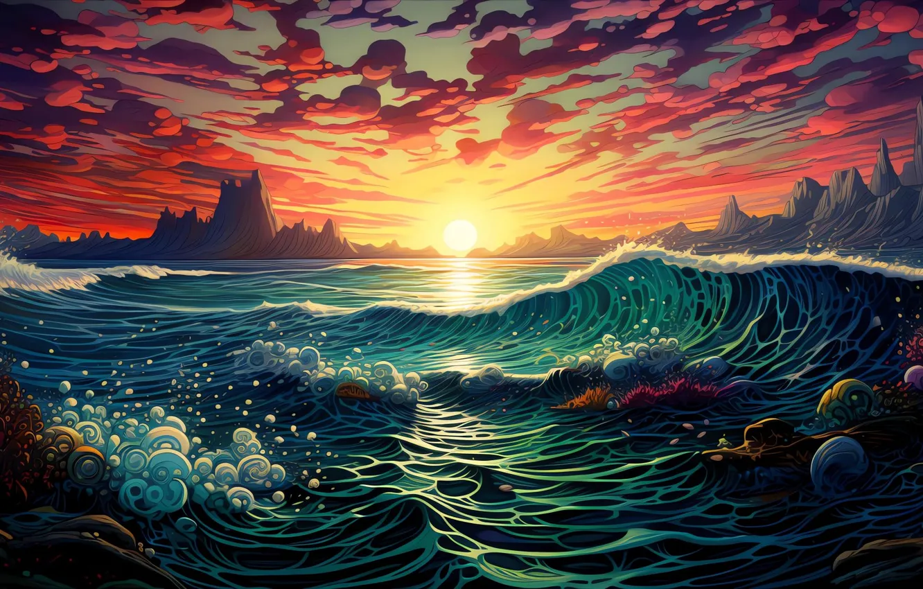 Фото обои waves, sea, landscape, sunset